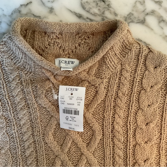 NWT J. Crew roll neck Cable Knit cotton blend soft fisherman Sweater camel Sz XS - Picture 6 of 8